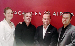 RIU Plaza City Hotels est venu rencontrer l’équipe de Vacances Air Canada à Montréal pour former les services des ventes et du centre d’appels. Personnes représentées : Alexie Deschenes, directrice régionale des ventes, Air Canada; Guy Marchand, directeur général, Ventes, Vacances Air Canada; Sergi Ruiz Pique, vice-président, Développement commercial, récréatif et tourisme MICE pour l’Amérique du Nord, RIU Plaza City Hotels et Luigi Iannello, directeur général, Stratégie et développement commercial, Vacances Air Canada