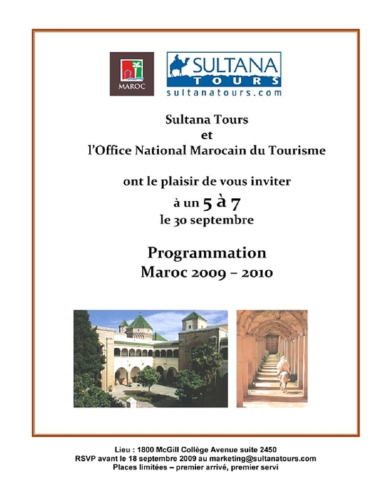 Sultana Tours vous convie à un 5 à 7 le 30 septembre