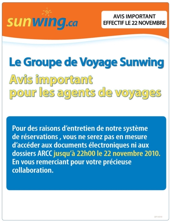 Groupe de Voyages Sunwing: avis important !