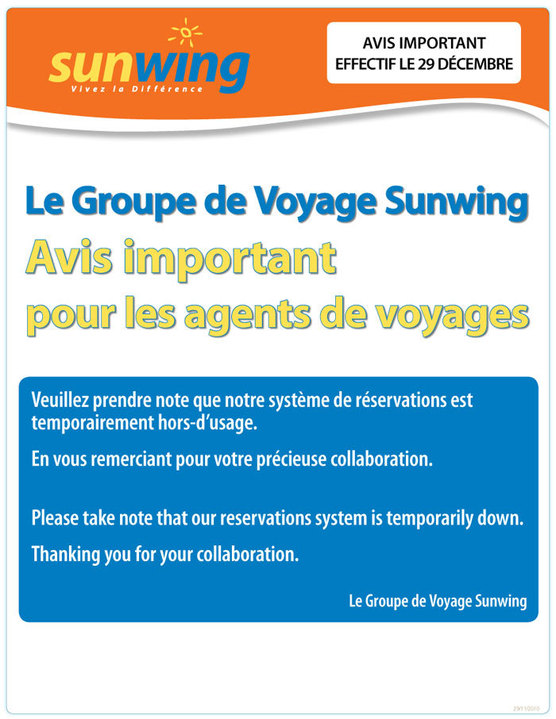 Le sytème de réservation de Vacances Sunwing et Vacances Signature temporairement hors d'usage