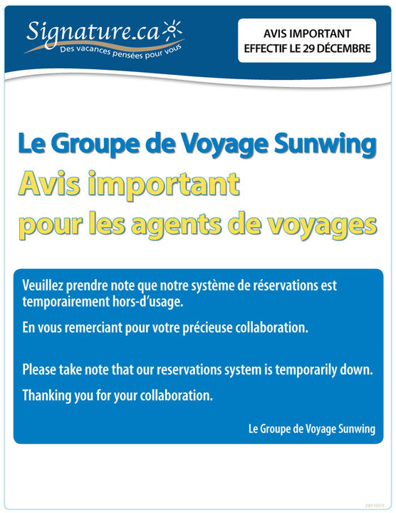 Le sytème de réservation de Vacances Sunwing et Vacances Signature temporairement hors d'usage