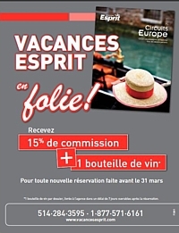 Vacances Esprit: 15 % de com et une bouteille de vin !