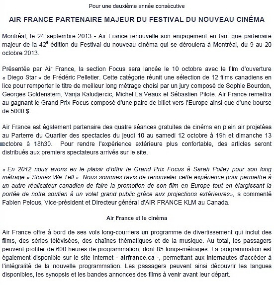 Air France partenaire majeur du Festival du Nouveau Cinéma 