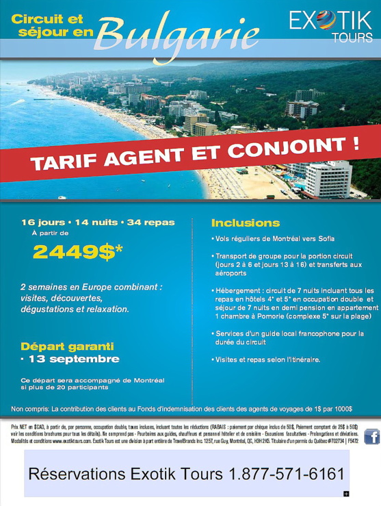 Exotik Tours vous invite à découvrir la Bulgarie, avec son super tarif agent & conjoint !!!