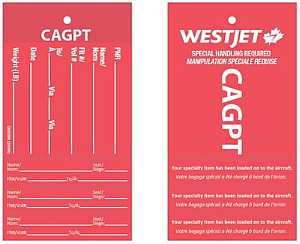 Exemple d’étiquette de confirmation pour un appareil d’aide à la mobilité vérifié et chargé avec succès (Groupe CNW/WESTJET, un partenariat de l’Alberta)