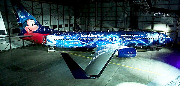 WestJet, Vacances WestJet et Walt Disney Parks & Resorts (Canada) ont dévoilé aujourd'hui un appareil Boeing 737-800 de nouvelle génération arborant une peinture personnalisée dont Mickey dans son personnage d'apprenti sorcier est la vedette. Cet « avion magique » desservira les 88 destinations dans 18 pays faisant partie du réseau intérieur, transfronta! lier et international de WestJet