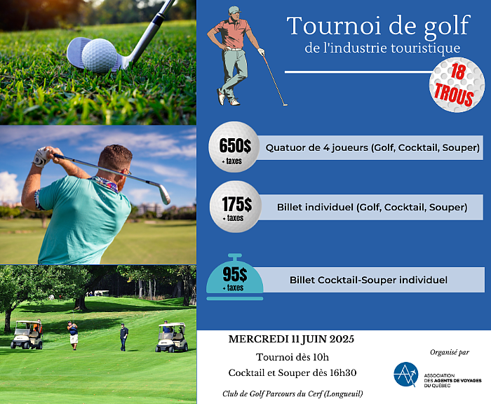 Tournoi de golf de l’industrie touristique : Les quatuors et billets individuels sont maintenant en vente !